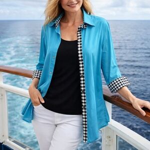 mishca Blouse Women's M Long Sleeve Flip Cuff Aqua Black White Unique